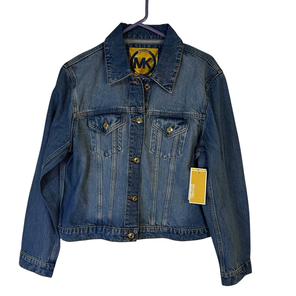 Michael Kors Women's Stone Wash Denim Blue Jacket Large Long Sleeve NWT